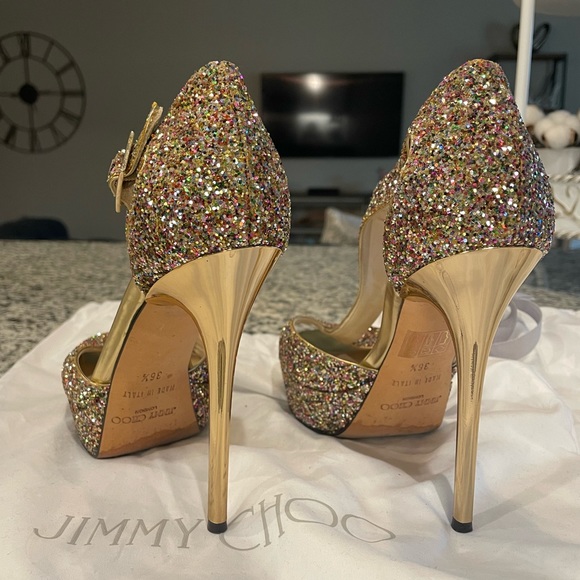 Jimmy Choo Multi-Color Glitter T-Strap  Heels - Picture 3 of 5